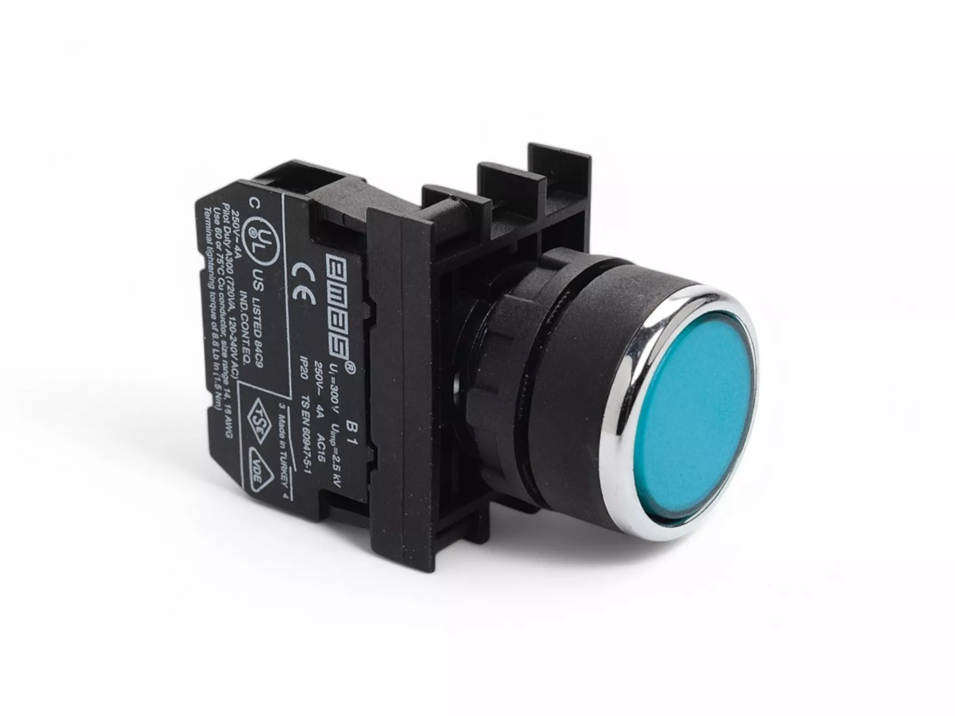 B Serisi Plastik 1NO Yaylı Düz Mavi 22 mm Buton